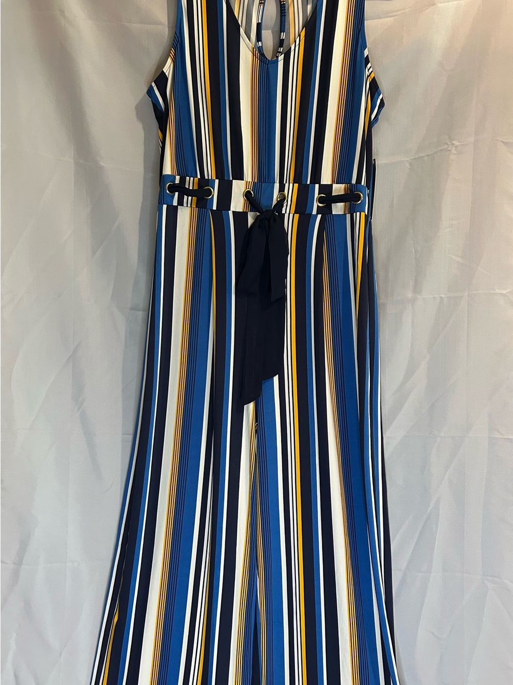 Wrapper Striped Sleeveless V-Neck Jumpsuit in Blue, White & Yellow